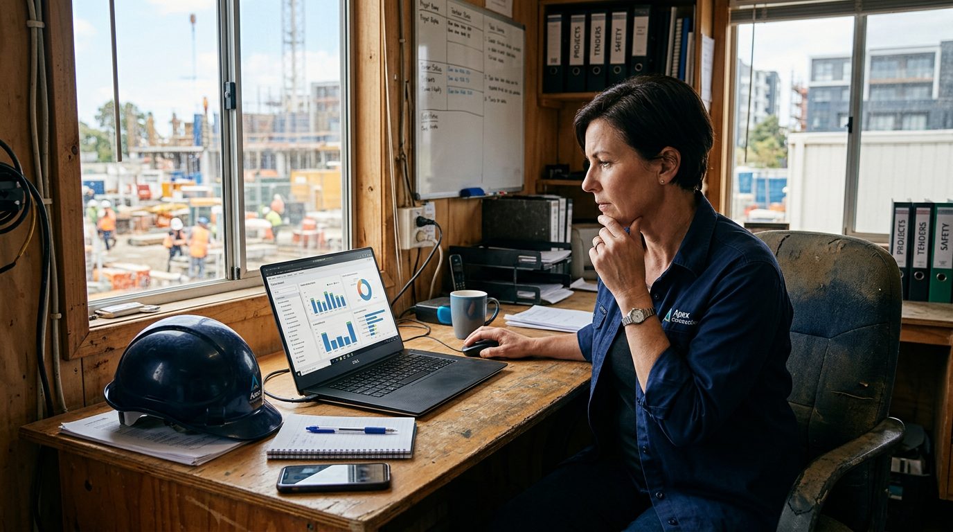 Construction business owner reviewing tender opportunities on a laptop dashboard